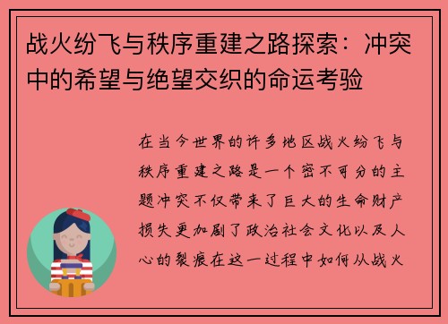 战火纷飞与秩序重建之路探索：冲突中的希望与绝望交织的命运考验